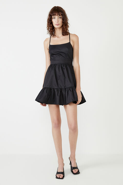 Backless Mini Poplin Dress in Black | Bardot