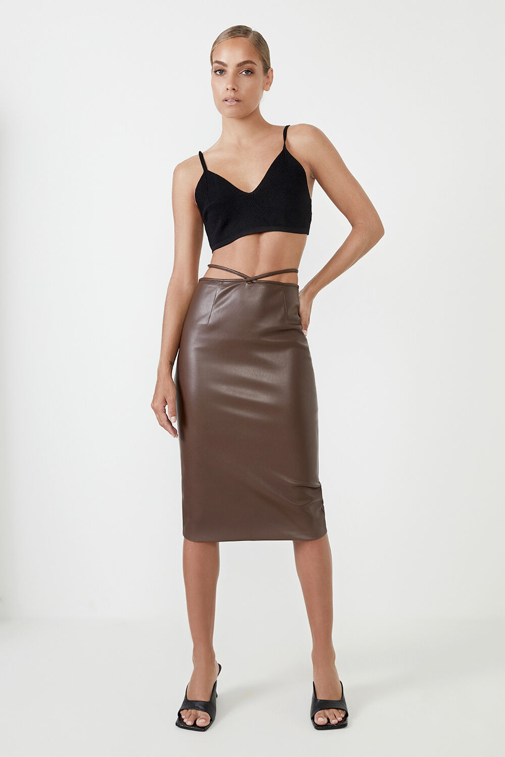 Strappy Vegan Leather Midi Skirt in 